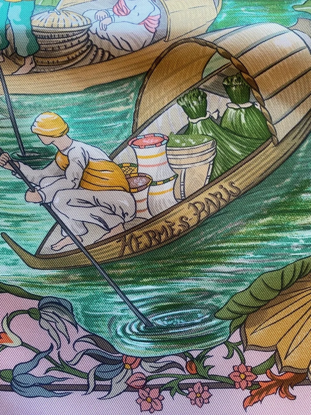 Hermes Pink and Green Silk Scarf with Lotus and River Scene - Picture 3 of 12